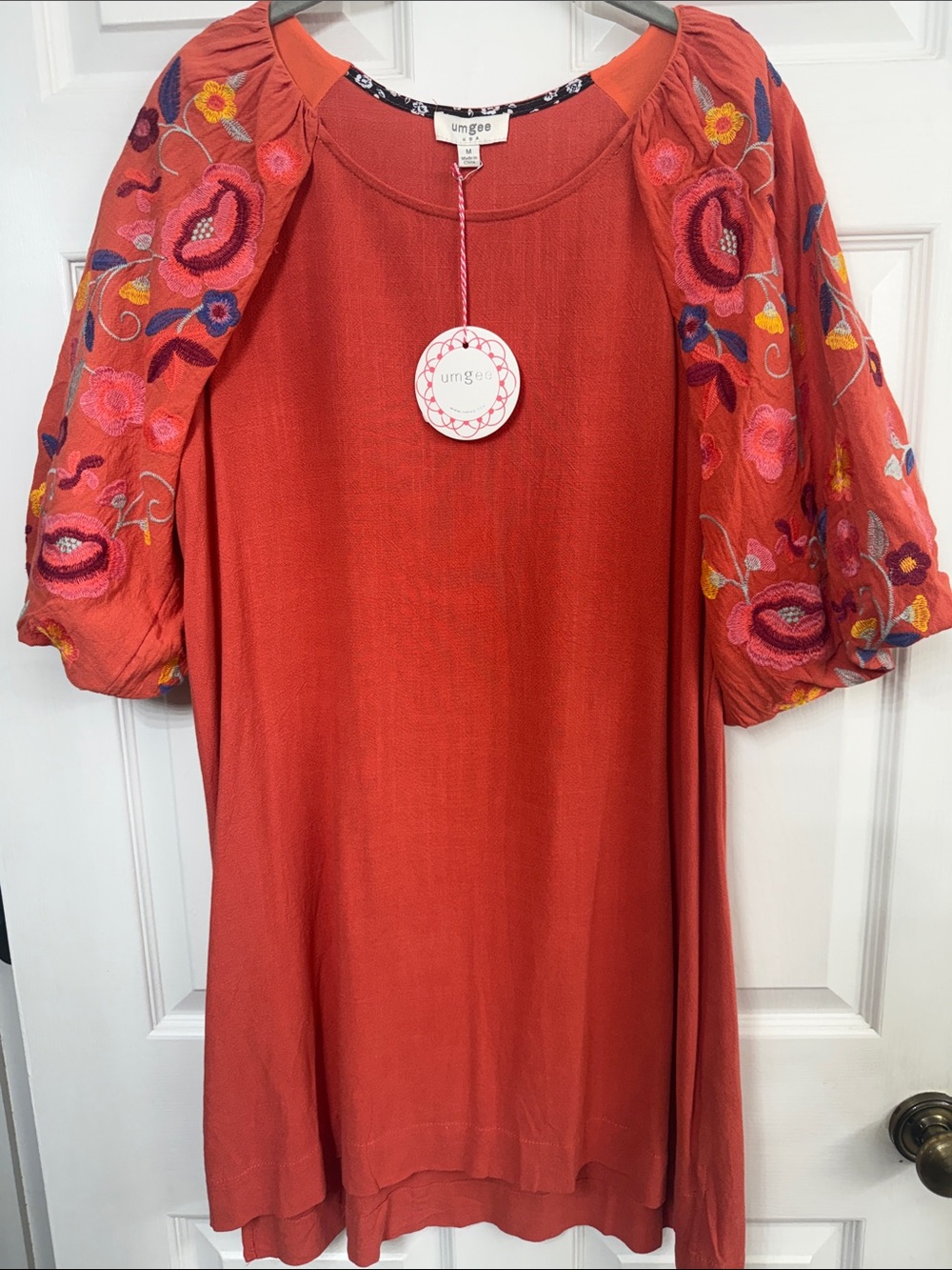 Umgee Burnt Orange Embroidered Puff Sleeve Midi Dress